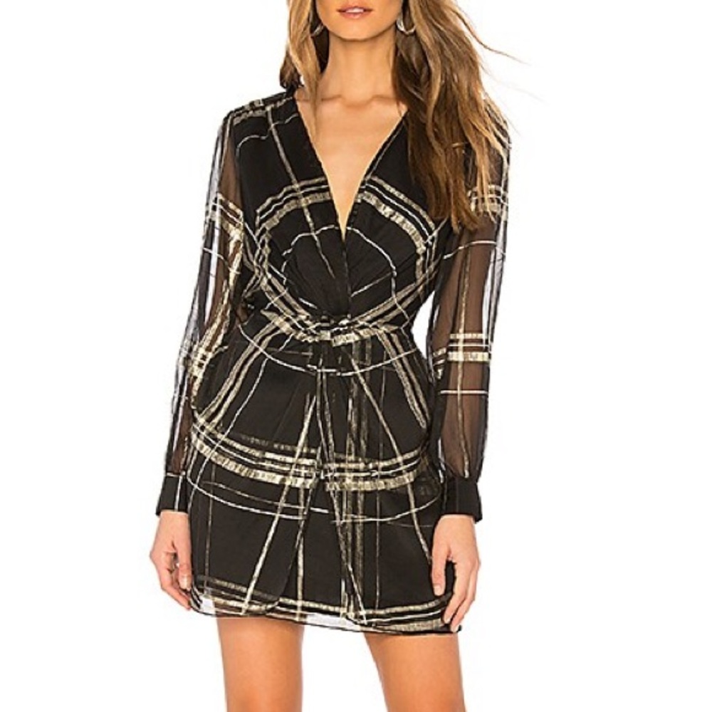 L'Academie Francesca Mini Dress Metallic Plaid Black Gold Size Small
